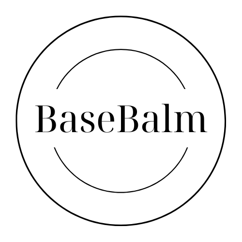 Circular logo with 'BaseBalm' text in the center on a white background
